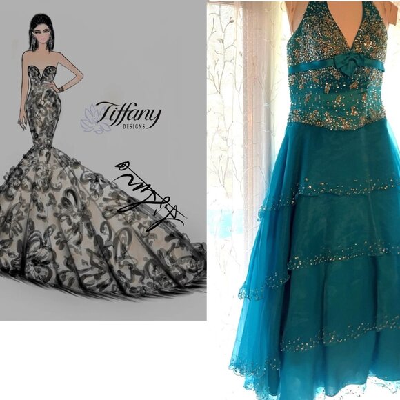 TIFFANY DESIGNS by CHRISTINA WU STUNNING HALTER BEADED TURQUOISE GOWN DRESS - Picture 11 of 11